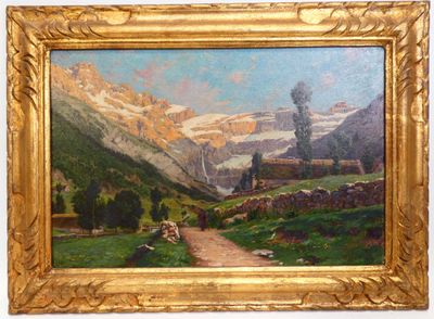 une peinture à l'huile représentant un paysage de montagne, avec une route au premier plan et une maison au loin
