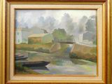 une peinture à l'huile représentant une scène fluviale avec un pont et un bateau