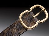 the belt is made of brown and black fabric with a gold buckle