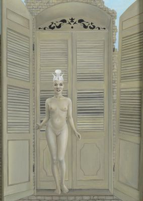 a painting of a woman standing in front of an open door