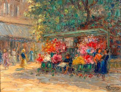 une peinture à l'huile représentant une scène de rue avec des personnages et des fleurs