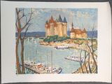 une photo d'un tableau représentant un château au bord de l'eau