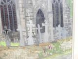 a painting of a church with a cemetery in the foreground