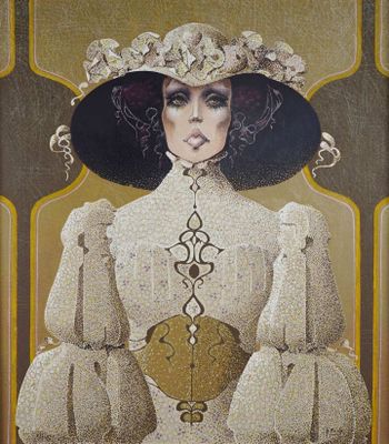 a painting of a woman wearing a hat and dress