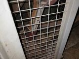 an image of a caged in area with a toilet and a trash can