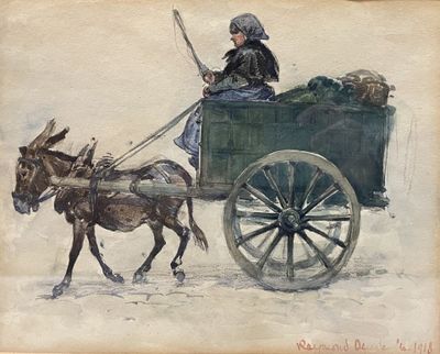 painting of a woman riding in a carriage pulled by a donkey