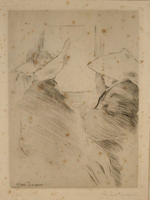 un dessin représentant une femme assise sur une chaise, avec un oiseau sur l'épaule