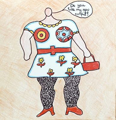 un dessin représentant une femme vêtue d'une robe et tenant un sac à main