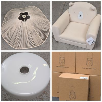 several different pictures of a white chair with a teddy bear sticker on the back of it