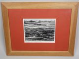 a black and white drawing of a boat in the ocean