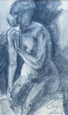 drawing of a nude woman sitting on a ledge with her hands on her knees