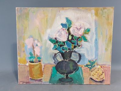 une peinture de fleurs dans un vase sur une table