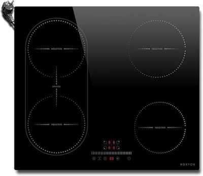 a black stove top with three burners and three burners