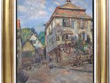 an oil painting of a street scene with a horse drawn carriage