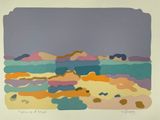 an image of a painting of a landscape with clouds and water