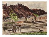 painting of a view of a town with a boat dock and a mountain in the background