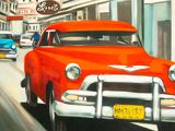 a painting of an orange car driving down the street