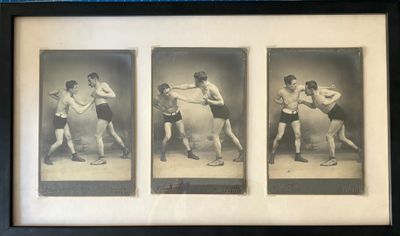 three black and white photographs of a man in a boxing stance