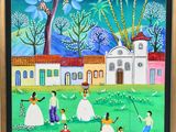 a painting of a group of people in a field near a building