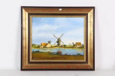 tableau représentant un moulin à vent dans un champ, avec un plan d'eau au premier plan