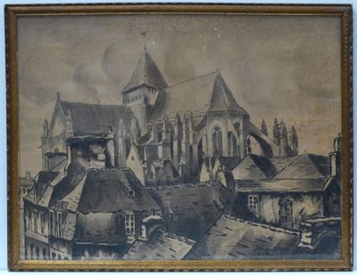an old picture of a large building with a clock tower in the middle of it