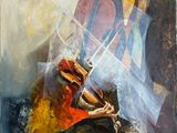 une peinture abstraite représentant un homme jouant du violon sur une scène