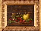 an oil painting of cherries and an apple on a wooden table