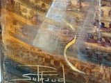 an oil painting of a boat in the water with a sail in the background