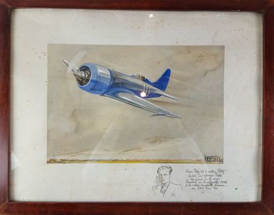 dessin représentant un avion bleu, dans un cadre en bois orné d'un dessin représentant un homme