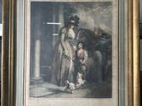 an old picture of a woman and child with a dog in a room