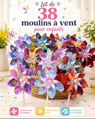 un panier rempli de moulins à vent et de fleurs posé sur une table
