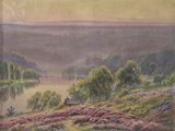 an image of a painting of a landscape with a river in the foreground