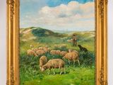 un tableau représentant des moutons paissant dans un champ, avec un homme à cheval