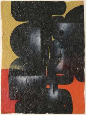 an image of a black and red painting on a yellow and red background