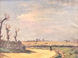 peinture représentant un paysage avec une personne marchant au loin