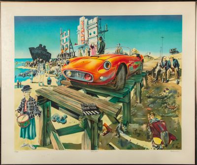 tableau représentant une voiture rouge sur une jetée, avec des gens sur la plage