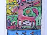 painting of a pink dog in front of a store window