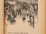 an open book with a drawing of people walking in the rain