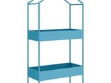 une étagère bleue surmontée d'une maison
