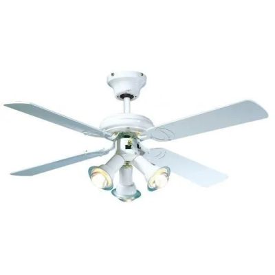 the ceiling fan is white and has five lights on it