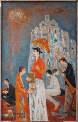 painting of a group of people in a room with a painting on the wall