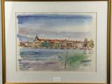 an image of a watercolor painting of a city by the water