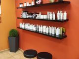 a room with a lot of bottles of hair products on the shelves