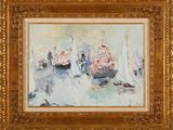 un tableau représentant des bateaux dans un port, dans un cadre doré