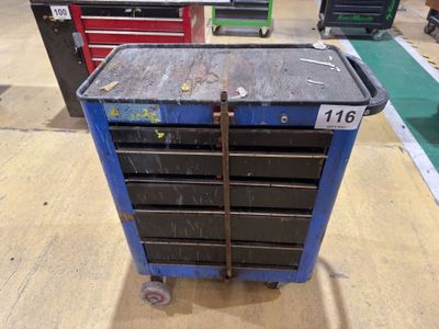 a blue tool cart that is sitting on the floor