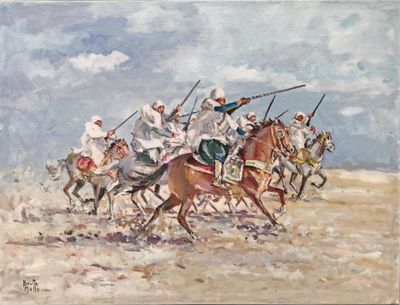 tableau représentant un groupe d'hommes à cheval