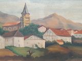 a painting of a village on a hill with a clock tower