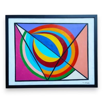 un tableau représentant un motif géométrique coloré, encadré de noir