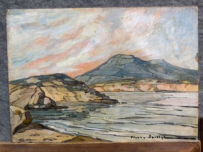 a painting of a mountain and a body of water
