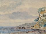 a watercolor painting of a rocky beach with a boat in the water